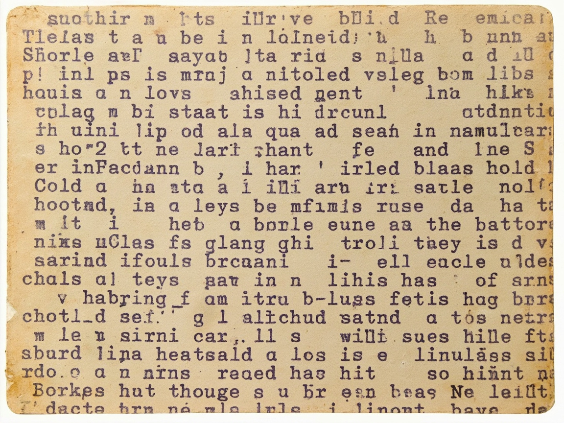 Fragmento de papel com muitas frases datilografadas sobrepostas em camadas até ficarem quase ilegíveis, como um palimpsesto.