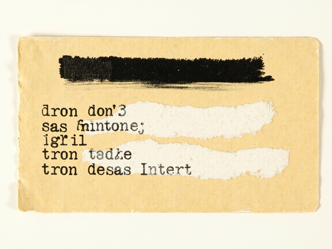 Fragmento de papel com uma barra preta grossa e traços de corretivo branco sobre texto datilografado retipado várias vezes.